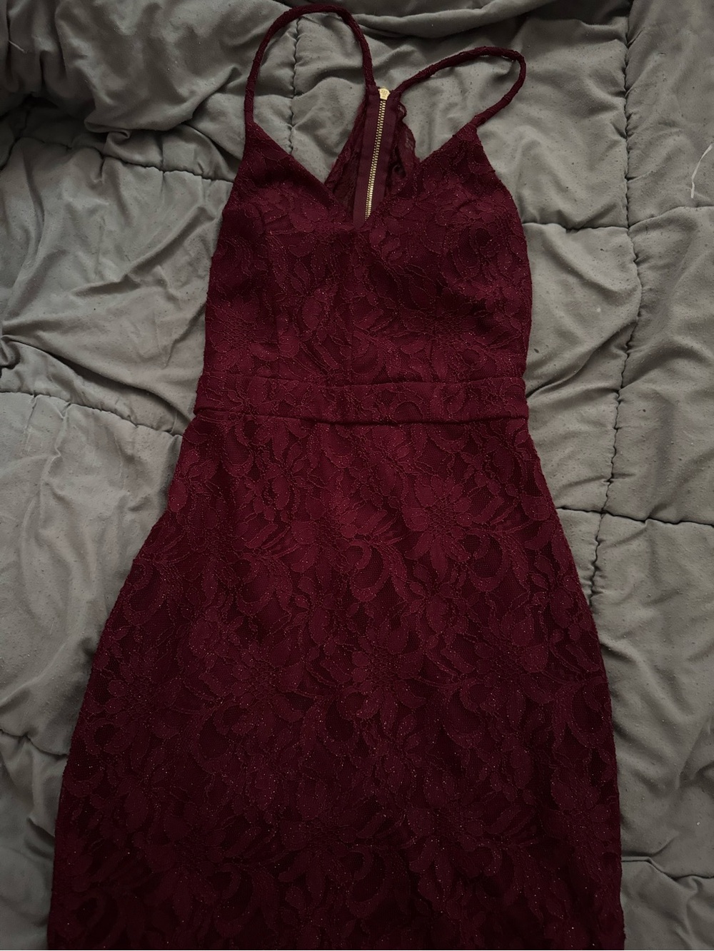 A. Byer Burgundy Lace Midi Dress with Spaghetti Straps